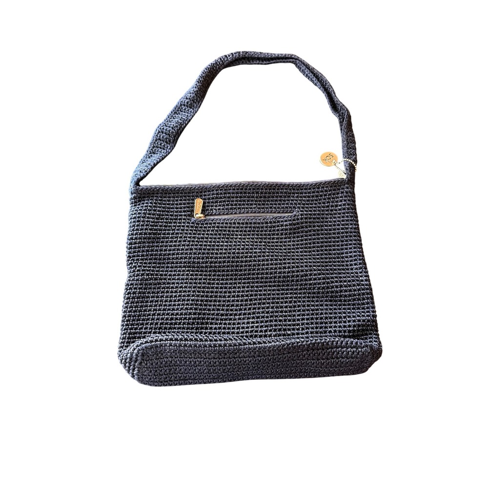 The Sak Shoulder Bag Navy Blue Crochet Woven‎ Zip Hobo Purse Silver Logo Charm
